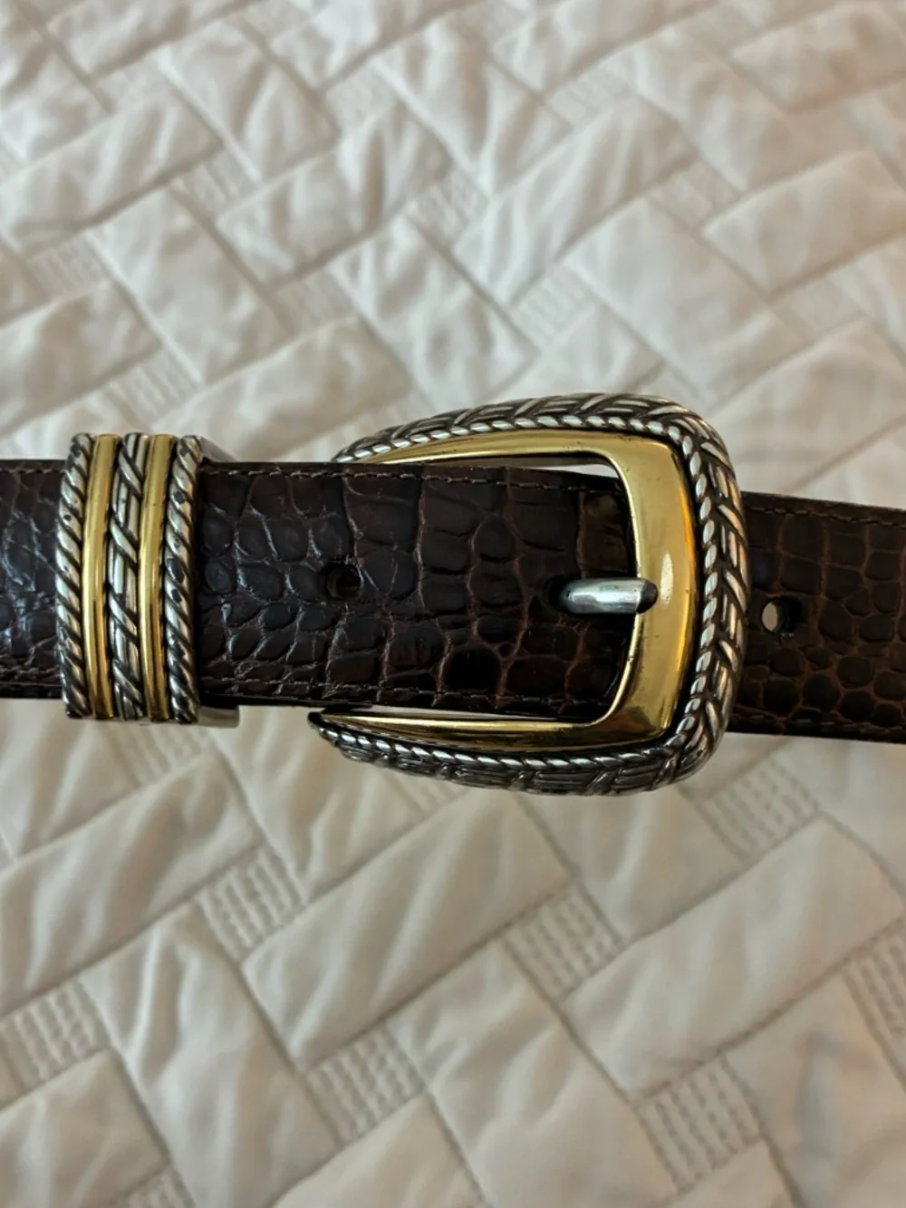 Brighton Brown Croc-Embossed Leather Belt with Gold & Silver Buckle